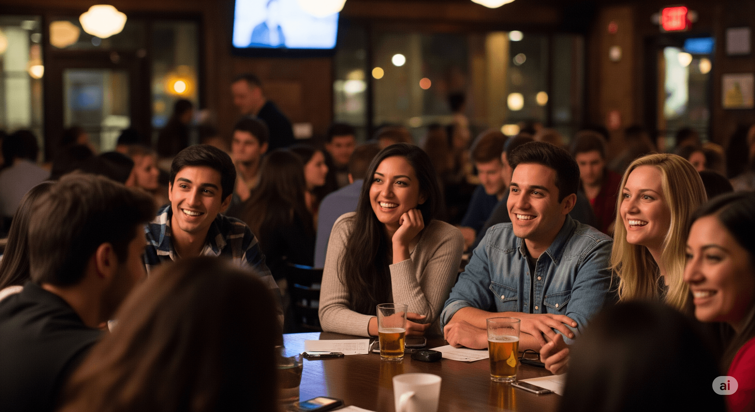 A packed and energetic restaurant during a trivia night