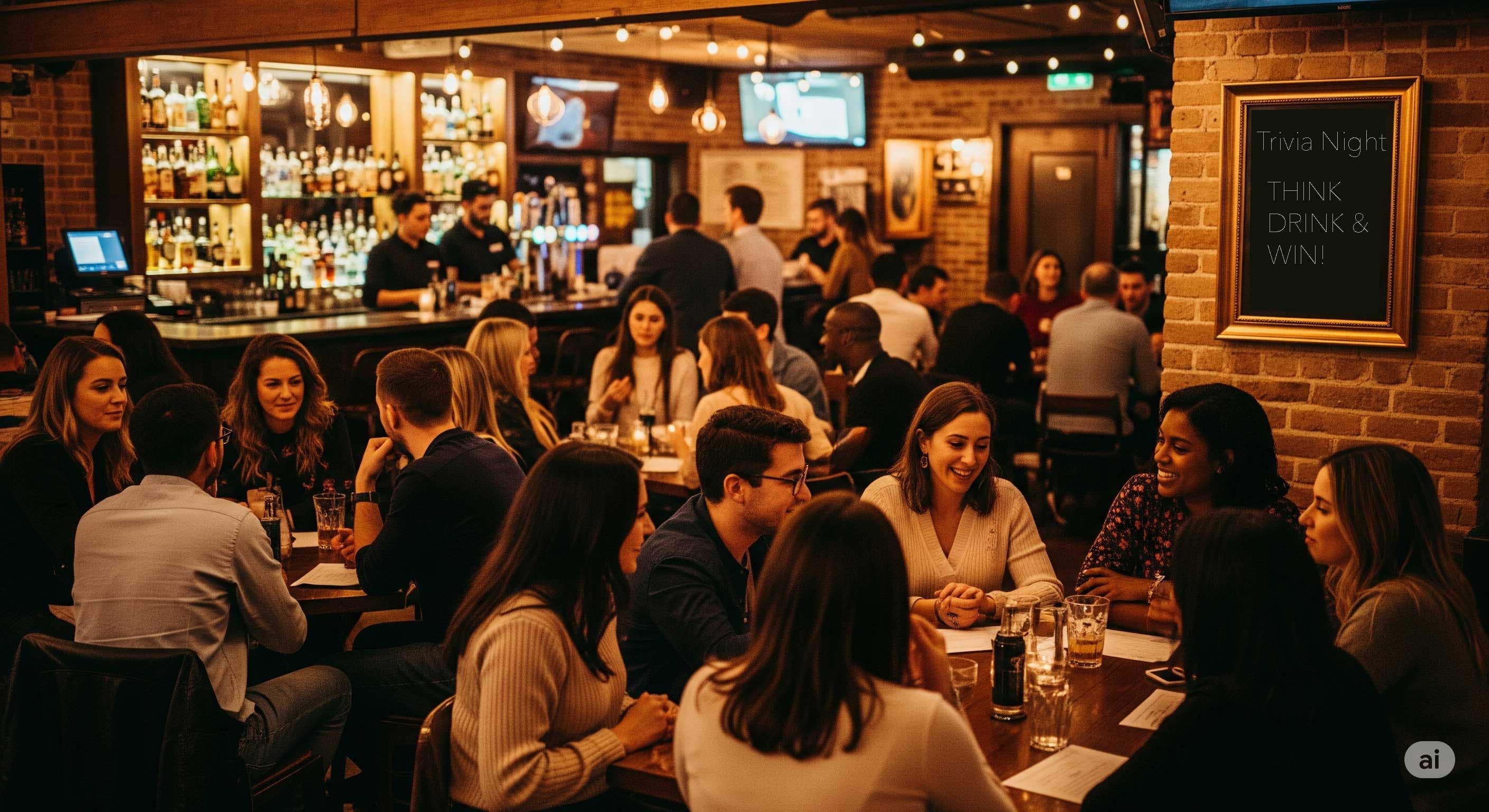 A lively bar full of patrons during a trivia night